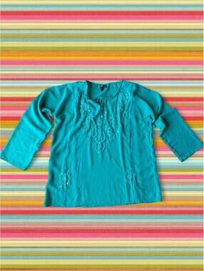 Vintage Teal embroidered sequin long sleeve flowy top with button up front